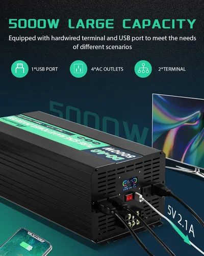 Miniatura 4 de 5000W 48V Inversor de Potencia de Onda Senoidal Pura 48V CC a 110V CA con Control Remoto Inalámbrico Pantalla LCD 4 Tomas de CA, 1 USB y Bloques