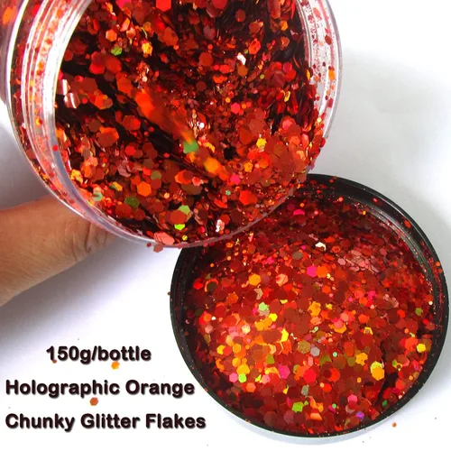 Miniatura 4 de Copos holográficos de purpurina gruesa naranja holográfica de tamaño mixto con forma hexagonal para uñas, confeti, lentejuelas para manualidades