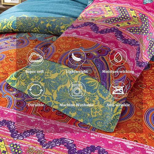 Miniatura 5 de WONGS BEDDING Juego de edredón bohemio tamaño Queen, juego de edredón alternativo bohemio reversible de microfibra ultrasuave, 3 piezas