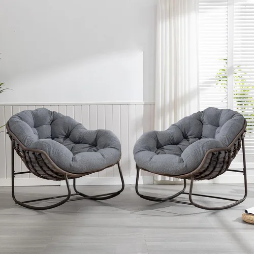 Miniatura 19 de HOMEFUN Juego de 2 mecedoras para patio al aire libre, sillas Papasan Rock de gran tamaño para interiores con cojín acolchado, asiento de huevo