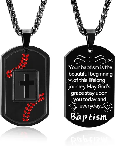 Miniatura 7 de Collar de cruz con versículo bíblico de béisbol, acero inoxidable, dije de cruz en tono negro/dorado/plateado, regalos religiosos, joyería deportiva