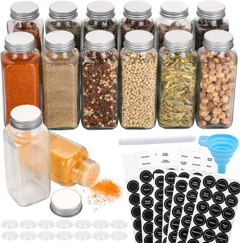 AOZITA 14 tarros de vidrio para especias con etiquetas de especias, botellas de especias cuadradas vacías de 8 onzas, tapas agitadoras y tapas de
