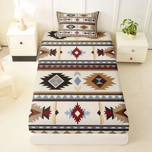 Miniatura 51 de Juego de ropa de cama occidental tamaño individual, sábanas aztecas, estilo nórdico exótico, bohemio, sábana bajera ajustable de tribu india