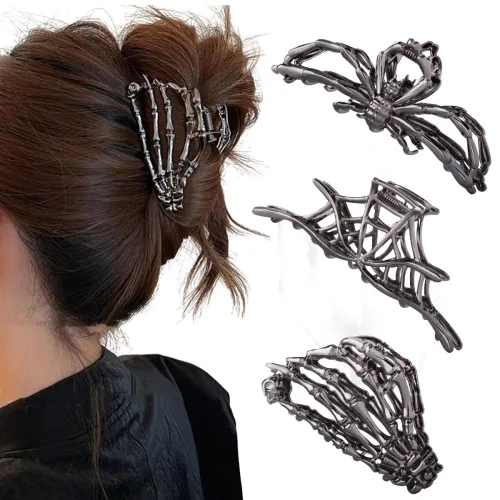 3 pinzas para el cabello en forma de garra con diseño de telaraña negra, mano de esqueleto y calavera para mujeres y niñas, de metal hiphop, tamaño