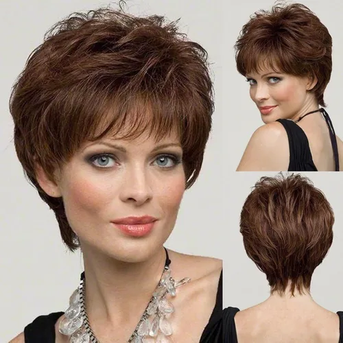 Miniatura 3 de EMMOR Pelucas Cortas Marrones para Mujeres Mezcla de Cabello Humano con Fibra de Memoria Saludable Corte Pixie, Peluca de Cabello Natural de Uso