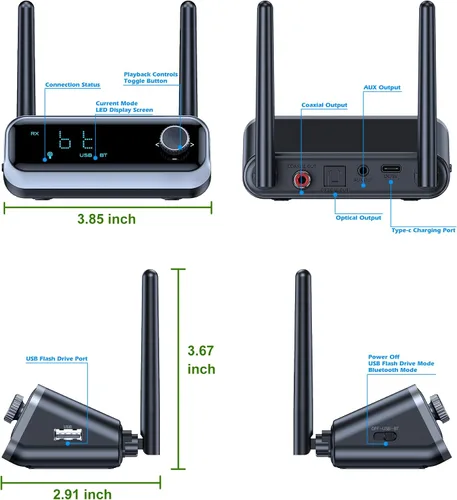 Miniatura 8 de KAIY Receptor Bluetooth para estéreo doméstico, adaptador de audio Bluetooth óptico y coaxial y AUX para amplificador y altavoces con cable