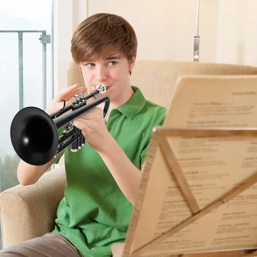 Miniatura 8 de Vangoa Bb Trompeta de latón estándar negro instrumento de trompeta para estudiantes, orquesta de banda escolar, adultos, niños, principiantes