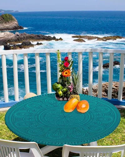 Miniatura 32 de SEVENBABU Mantel redondo de 36 a 44 pulgadas, mantel redondo de vinilo ajustable con borde elástico para fiestas al aire libre, color aguamarina