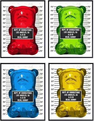 Conjunto de Fotos Policiales de Ositos de Goma – Decoración de Habitación con Estética Contemporánea Divertida al Estilo Andy Warhol, Decoración de