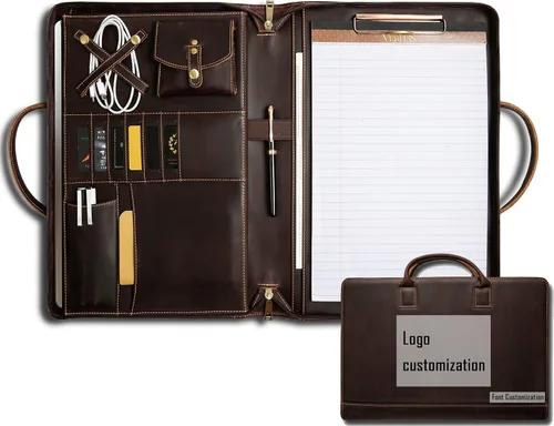 Miniatura 10 de Portafolio de Cuero Genuino, Organizador Padfolio con Asa, Padfolio Personalizado, Padfolio con Cremallera para Hombres y Mujeres, Adecuado
