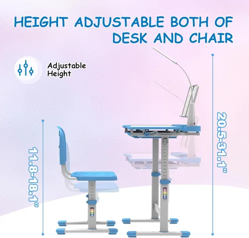Miniatura 7 de BELANITAS Juego de escritorio y silla para niños, escritorio escolar de altura ajustable para niños, inclinable de 40 grados con 3 modos de luz