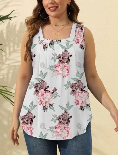 Miniatura 90 de Saloogoe - Camisetas sin mangas veraniegas para mujeres, plisadas con cuello cuadrado y dobladillo curvado, blusas de ajuste holgado con movimiento