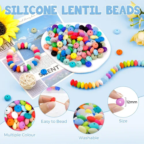 Miniatura 3 de 180 piezas FIVEIZERO cuentas de lenteja de silicona, cuentas focales de ábaco de silicona de 12 mm a granel cuentas sueltas de color para pulseras