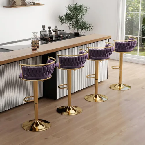 Miniatura 49 de Juego de 2 taburetes de bar giratorios de 360°, silla de bar de terciopelo ajustable a altura de mostrador moderna, taburete de metal plateado
