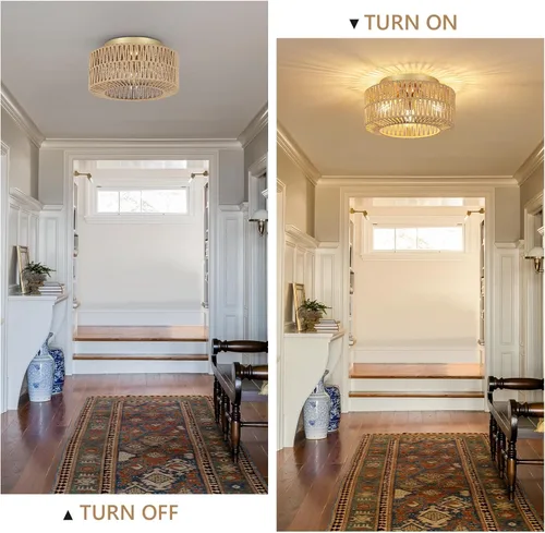Miniatura 3 de PAUFUL Lámpara bohemia de 3 luces, lámpara de techo de ratán de granja, montaje empotrado con pantalla tejida a mano, lámpara moderna para sala
