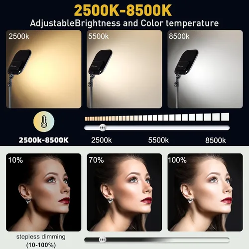 Miniatura 3 de Paquete de 2 luces LED de video, luz de estudio de 15 W, temperatura de color de 2500-8500 K con soporte de trípode y soporte para teléfono