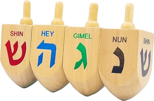 Miniatura 8 de The Dreidel Company Hanukkah 10 Dreidels de madera extra grandes pintados a mano de 3 pulgadas - Incluye tarjetas de instrucciones de juego