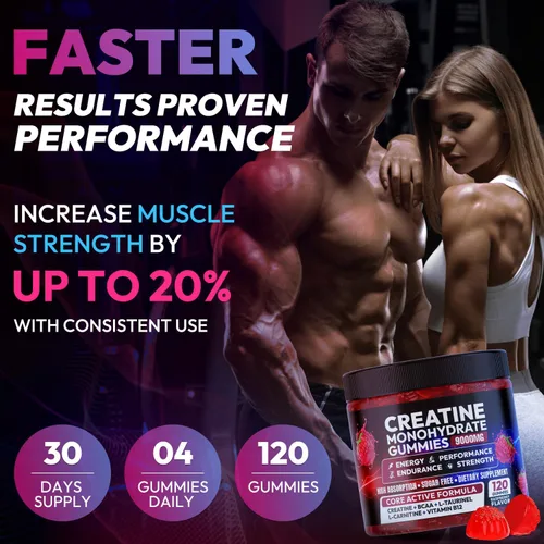 Miniatura 7 de AEQNJV Gomitas de creatina monohidrato complejo 9000 mg, pre-entrenamiento para hombres y mujeres, gomita de creatina con L-taurina, BCAA 2:1, B12/6