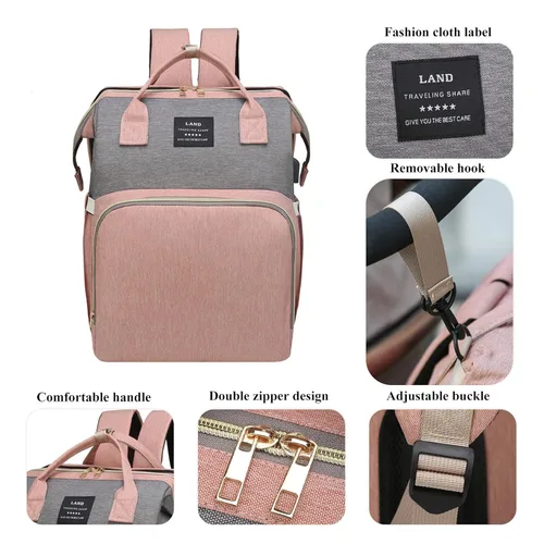 Miniatura 7 de Bolsa de pañales con cambiador, mochila para pañales, bolsa de pañales de viaje 7 en 1, bolsa para mamá con puerto de carga USB (rosa-gris)