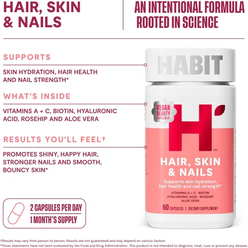 Miniatura 7 de Suplemento Habit para cabello, piel y uñas (60 cápsulas), nuevo aspecto, apoya la hidratación de la piel, la fuerza del cabello y las uñas, biotina