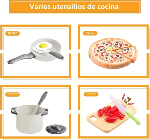 Miniatura 5 de Juego de cocina de 80 piezas, cocina para niños pequeños con ollas, sartenes, utensilios de cocina, alimentos, manta de picnic, frutas, verduras