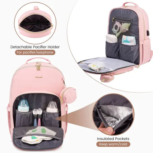 Miniatura 3 de LOVEVOOK Mochila para pañales, bolsa de bebé acolchada con cambiador y soporte para chupete, bolsas de pañales de viaje impermeables para bebés Rosa