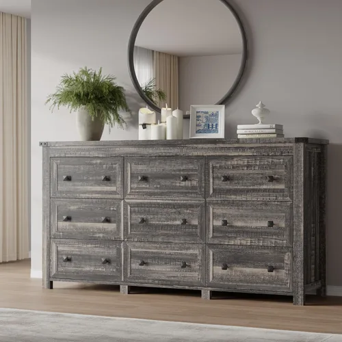 Miniatura 11 de BORNOON Cómoda de 9 cajones, moderna cómoda de almacenamiento de madera, soporte de TV, organizador de cajones de madera con asas de metal