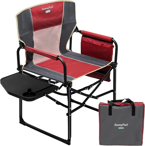 SUNNYFEEL Silla de Director de Camping Extragrande, Sillas de Jardín Plegables Portátiles para Adultos de Servicio Pesado con Mesa Lateral, Bolsillo