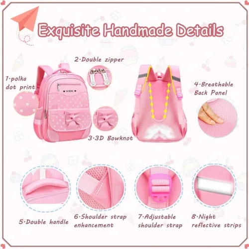 Miniatura 3 de Juego de 2 mochilas escolares con lazos para niñas y estudiantes, diseño de princesa para escuela primaria, 2pcs Negro-s, 2Pcs BagSet S