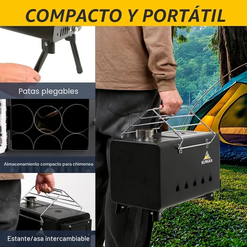 Miniatura 5 de Estufa de Tienda de Leña Negra, Chimenea de Acero Inoxidable de 7 Secciones, Estufa de Tienda Caliente Portátil para Acampar, Caza, Pesca en Hielo