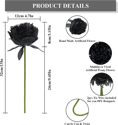 Miniatura 5 de U'Artlines 10 cabezas de peonías artificiales de seda, hojas y flores para decoración del hogar, oficina, bodas, fiestas, festivales y bares (negro)