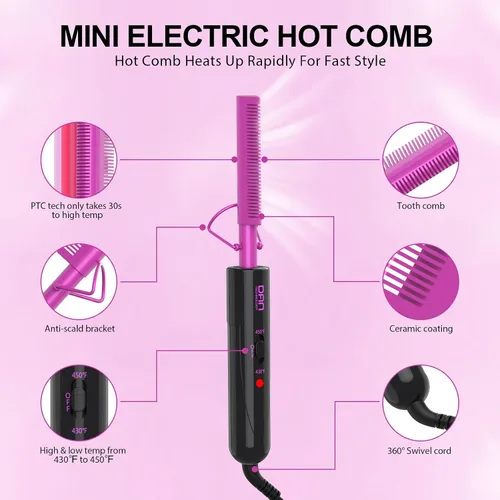 Miniatura 5 de Peine eléctrico caliente para pelucas y cabello de mujer negra, peine alisador de doble voltaje con ajustes de calor dobles de 450 °F/430 °F