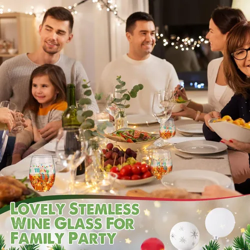 Miniatura 5 de 2 copas de vino sin tallo, taza divertida de 17 onzas con texto en inglés «Merry Christmas & New Year» – Regalos para mujeres, hombres, mamá, papá