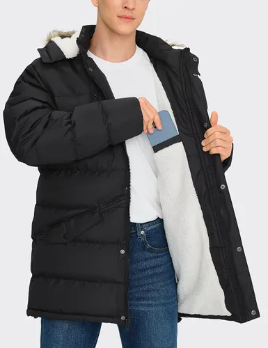 Abrigos largos de invierno para hombre, cálidos, resistentes al agua, inflados, con capucha, cortavientos, aislados, chaquetas acolchadas Negro