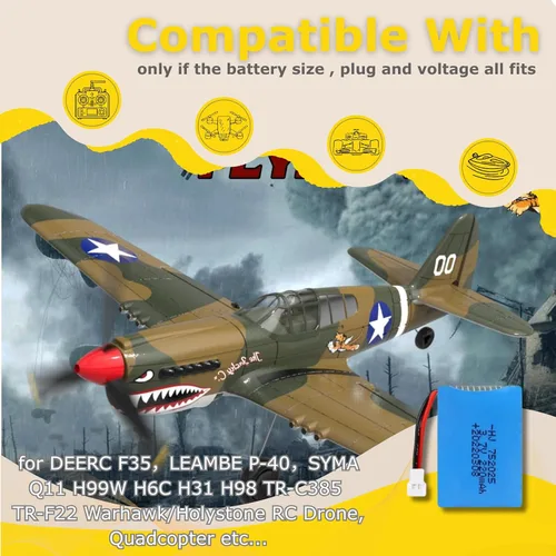 Miniatura 2 de 3.7V 220mAh 752025 25C Baterías recargables compatibles con DEERC F35, LEAMBE P-40 Warhawk/Holystone, SYMA Q11 H99W H6C H31 H98 TR-C385 TR-F22 Syma