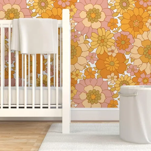 Miniatura 6 de Spoonflower Papel tapiz autoadhesivo de 12 x 2 pies, papel tapiz retro floral blanco vintage de los años 70 Flower Power extraíble