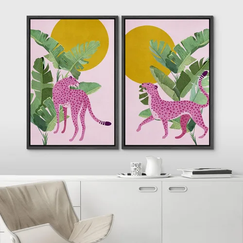 Miniatura 3 de IDEA4WALL - Set de lienzos enmarcados para pared, diseño tropical, selva, hoja de plátano, guepardo rosa, gato, naturaleza, desierto, arte digital