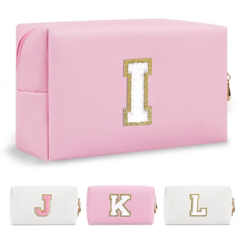 Miniatura 331 de Pequeña bolsa de maquillaje personalizada con inicial A-Z Preppy Patch, bolsa de cosméticos de viaje de felpilla blanca con cremallera, bonita bolsa