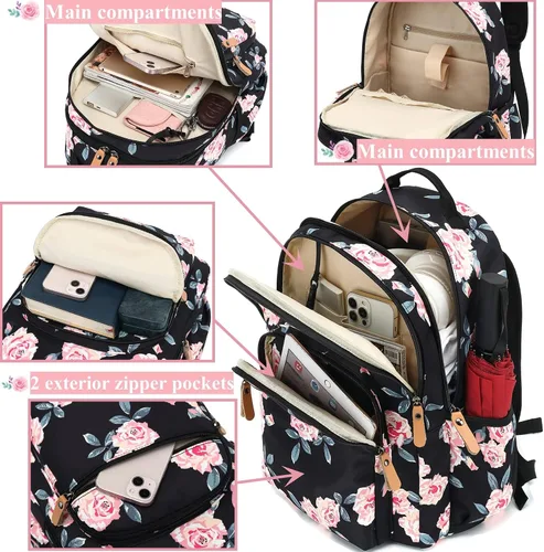 Miniatura 24 de Leaper Mochila para laptop para mujer: linda mochila floral para escuela, universidad, viajes, trabajo, mochila ligera para niños, Negro margarita