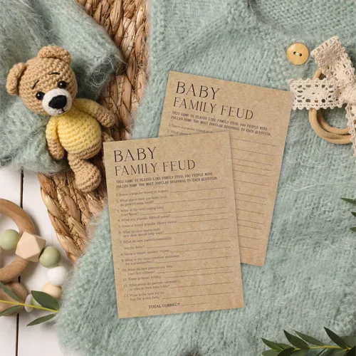 Miniatura 3 de Tarjeta de juego para baby shower, juego de 30 tarjetas de papel kraft con doble impresión, pelea familiar con 1 tarjeta de respuesta para bebé