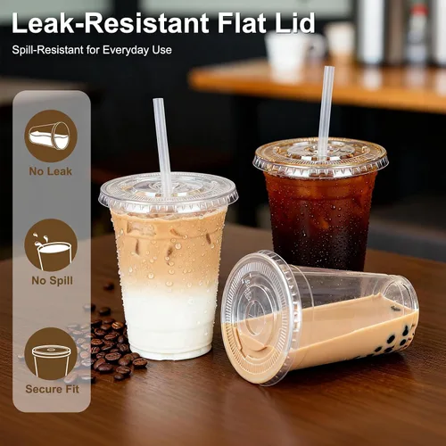 Miniatura 4 de Paquete de 100 vasos de plástico transparente de 16 onzas con tapas y pajitas, vasos desechables para café helado, a prueba de fugas, vasos de PET