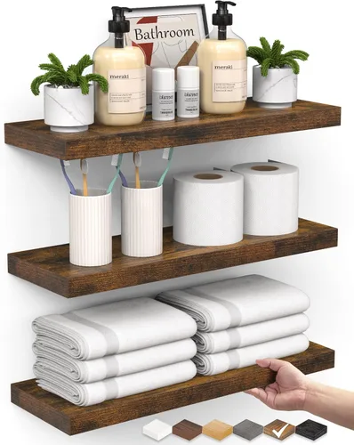 Miniatura 22 de BAYKA Estantes flotantes para pared, estantes de madera rústica montados en la pared para baño, dormitorio, sala de estar, cocina, estante colgante
