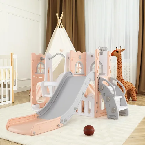 Miniatura 9 de Costzon Juego de Columpio y Tobogán 7 en 1 para Niños Pequeños, Conjunto de Juego Independiente con Tobogán para Niños Pequeños con Columpio, Aro