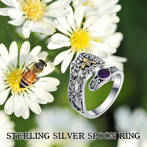 Miniatura 6 de Anillo de cuchara de plata de ley, anillos gruesos de abeja de oro para mujer, anillo de turquesa ajustable