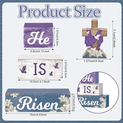 Miniatura 2 de 4 piezas de decoración de mesa de Pascua con texto en inglés "He Is Risen" de madera religiosa, centro de mesa de madera religiosa, bloques de cruz