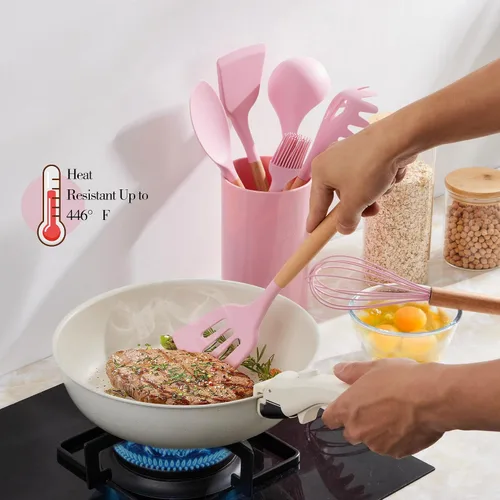 Miniatura 4 de LIANYU - Juego de utensilios de cocina de silicona, 15 piezas, resistentes al calor, con soporte, utensilios de cocina para utensilios de cocina Rosa