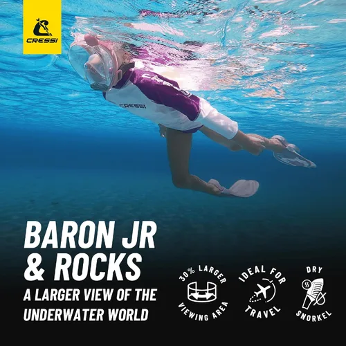 Miniatura 2 de Cressi Kit de snorkel junior para niños de 6 a 12 años - Máscara facial completa + aletas ajustables + equipo ligero colorido - Baron Jr & Rocks