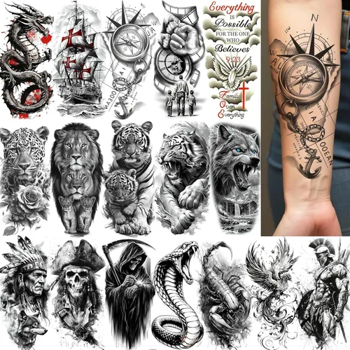 Miniatura 9 de FANRUI 24 hojas de manga de tatuaje temporal de brazo completo súper grande para hombres con 8 hojas de tatuajes temporales de manga completa