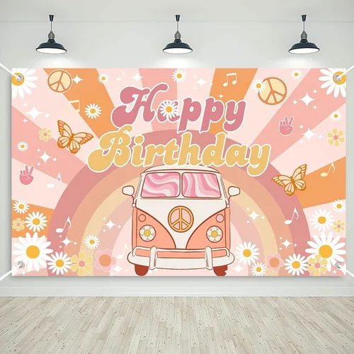 Mocsicka Groovy - Cartel de cumpleaños retro, hippie y bohemio, decoración de fiesta de margaritas para niñas y niños, fondo de fiesta de feliz