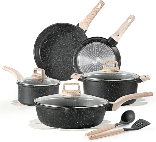 CAROTE Juego de 14 piezas de ollas y sartenes antiadherentes, juego de utensilios de cocina de granito con inducción, juego de cocina antiadherente